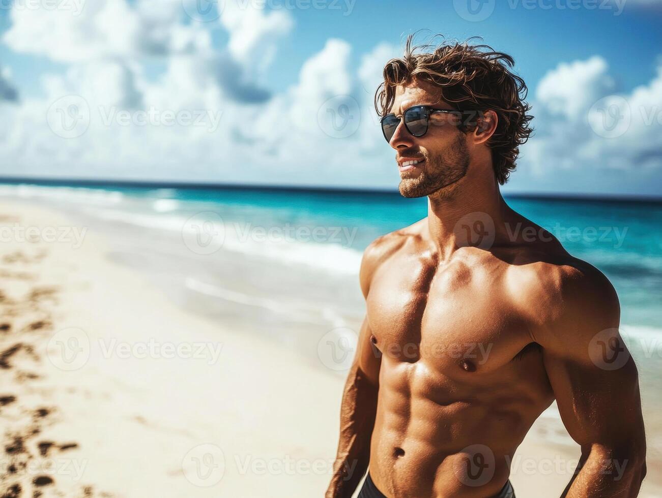 Man enjoys sunny day at the beach with calm waves and clouds photo