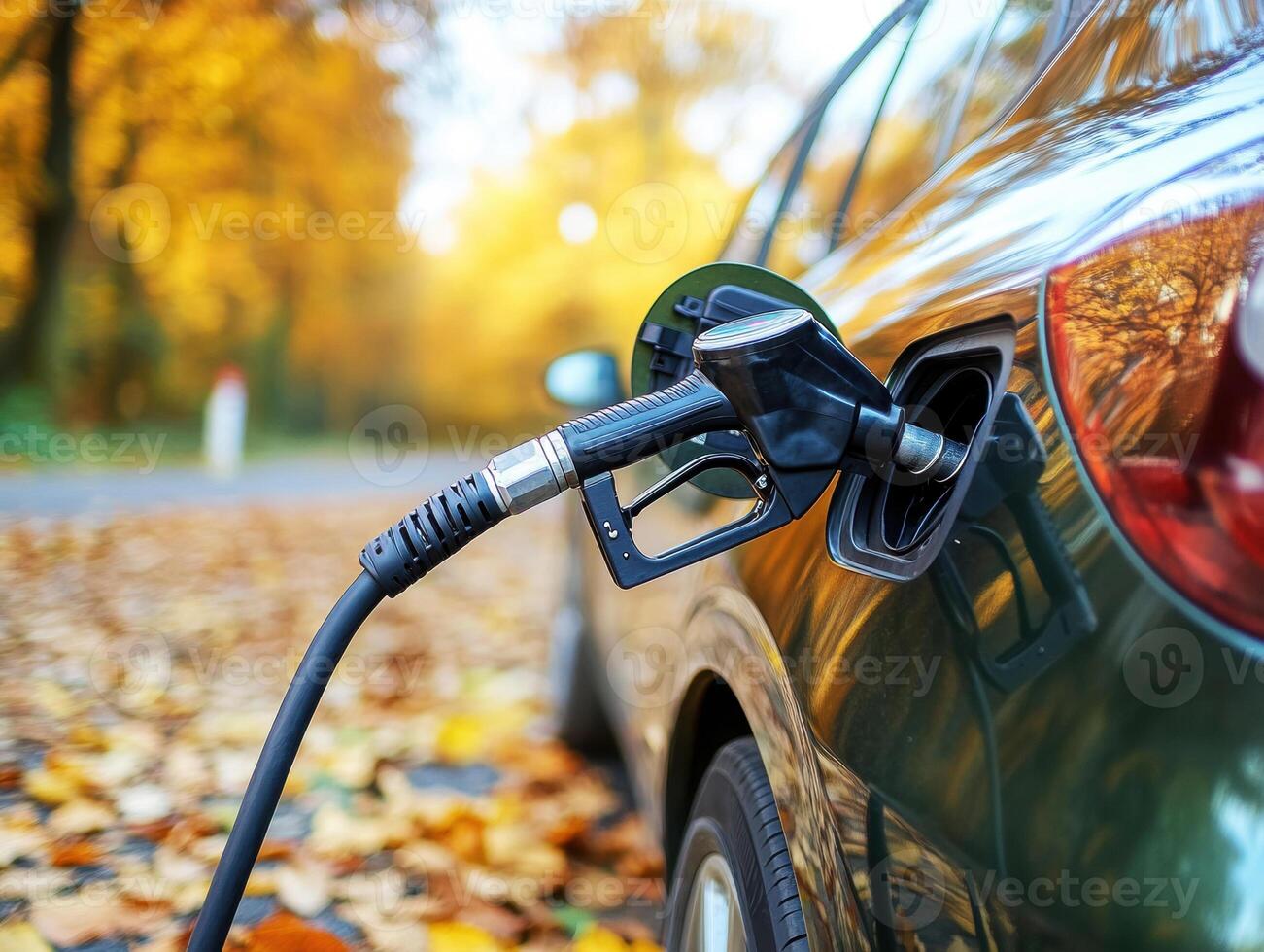 Fueling a car during autumn in a colorful setting photo