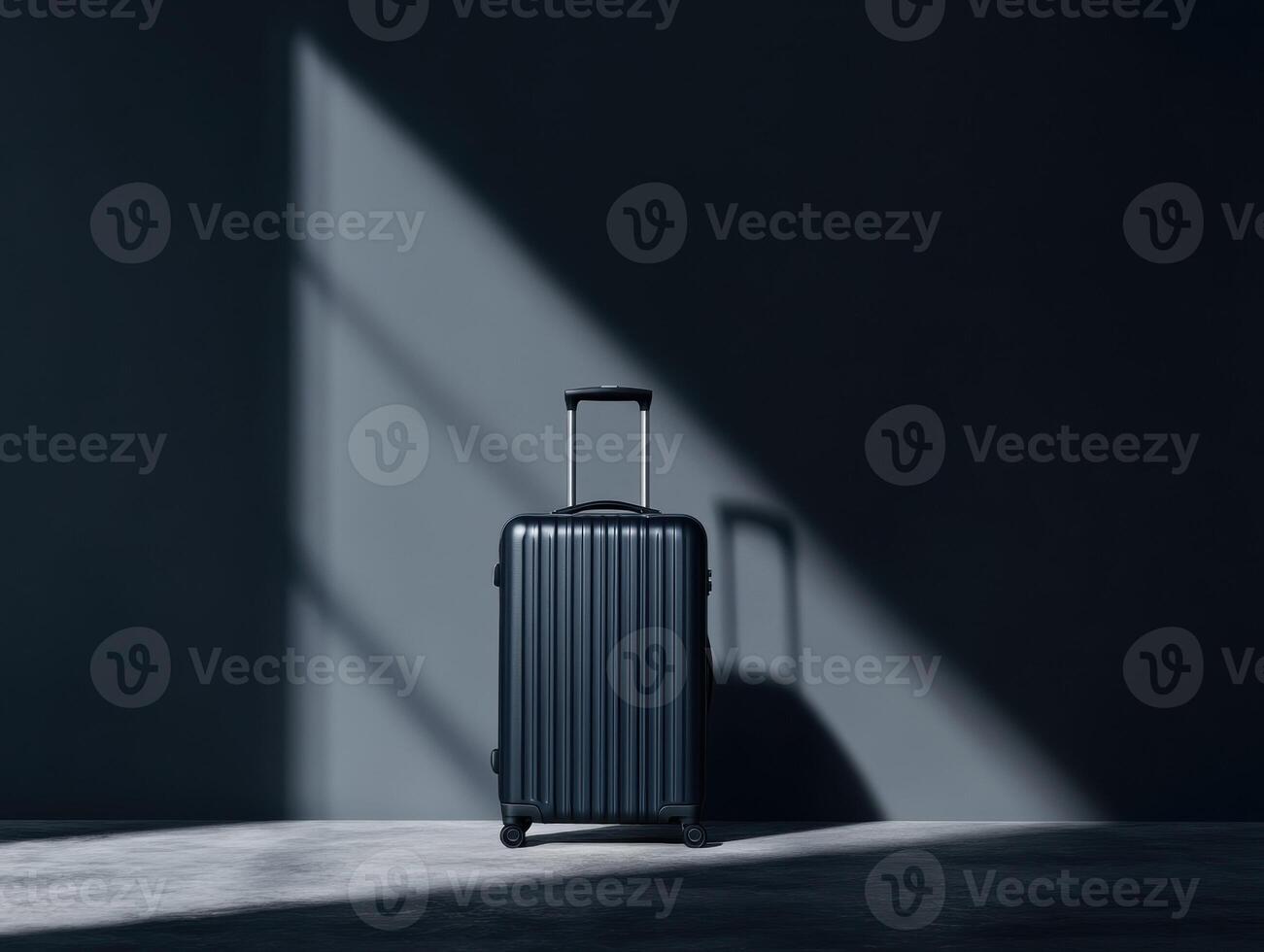 Modern suitcase in a minimalist setting with dramatic shadows photo