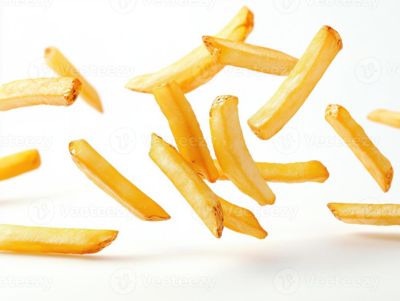 Freshly cooked fries floating in the air with a white background photo