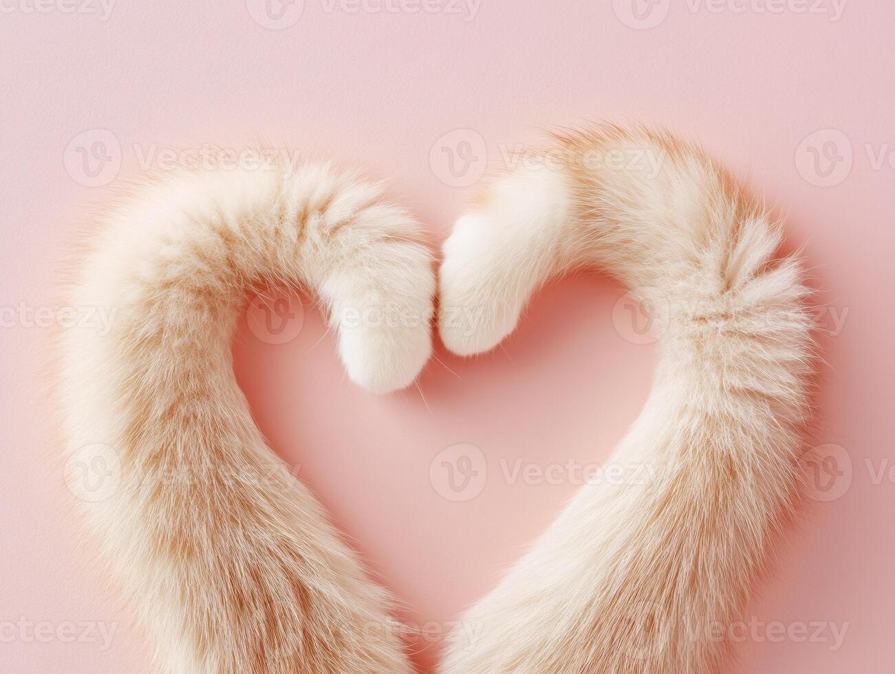 Cat tails form a heart shape on a pink top view photo