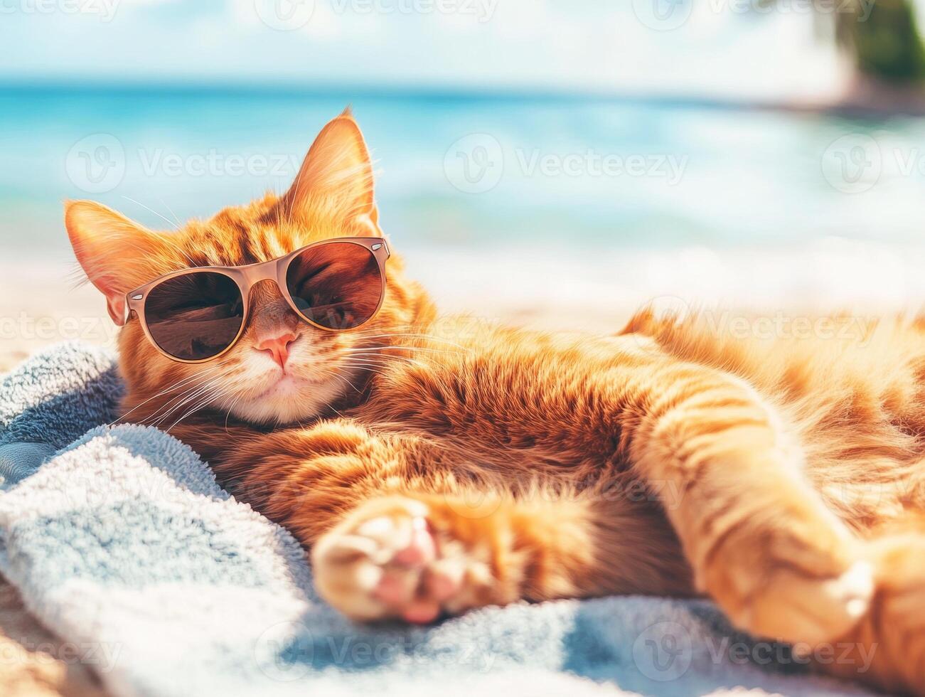 Cat relaxes on beach towel wearing sunglasses near ocean photo