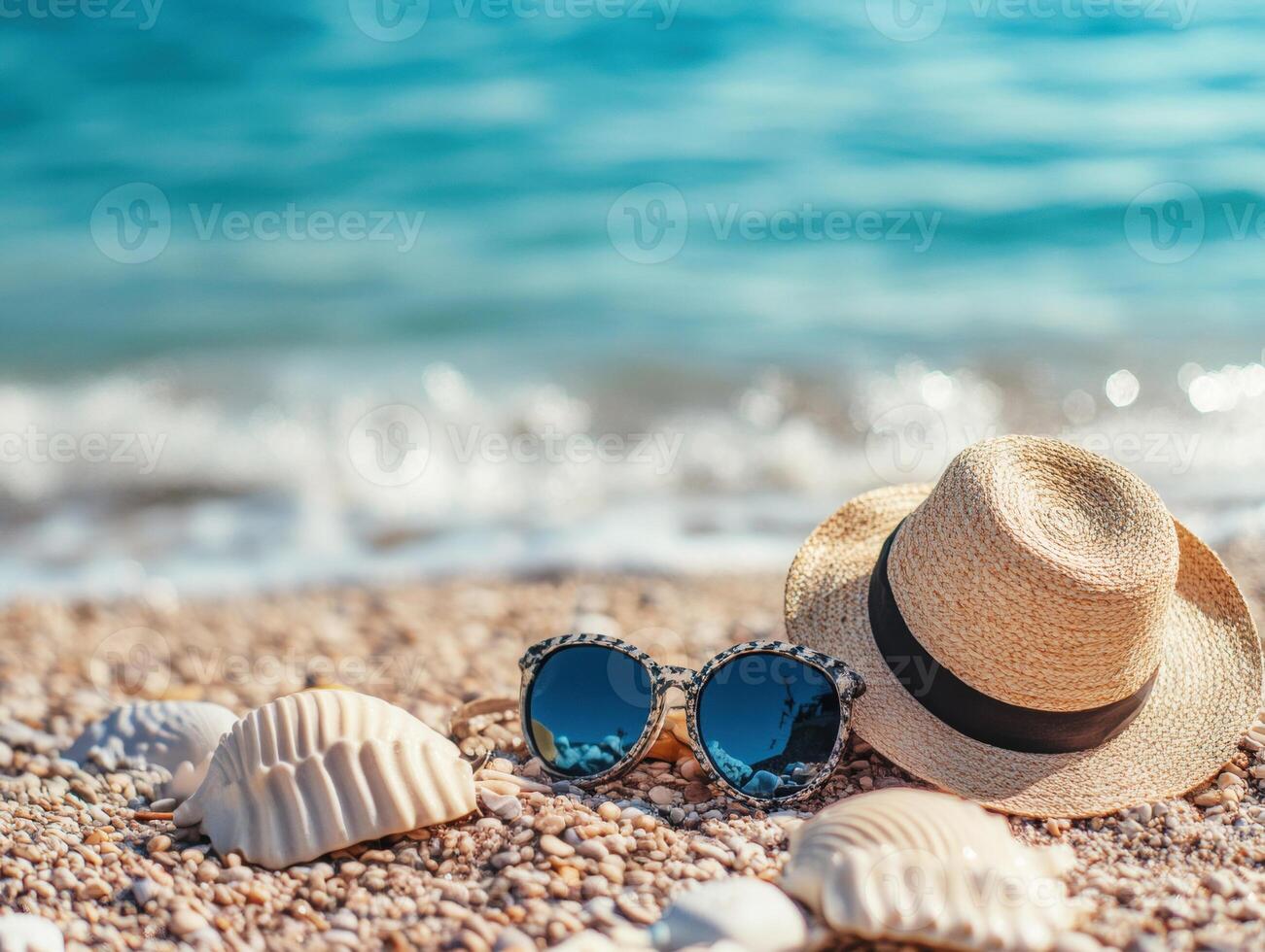 Relaxing beach accessories near gently lapping waves at sunset photo