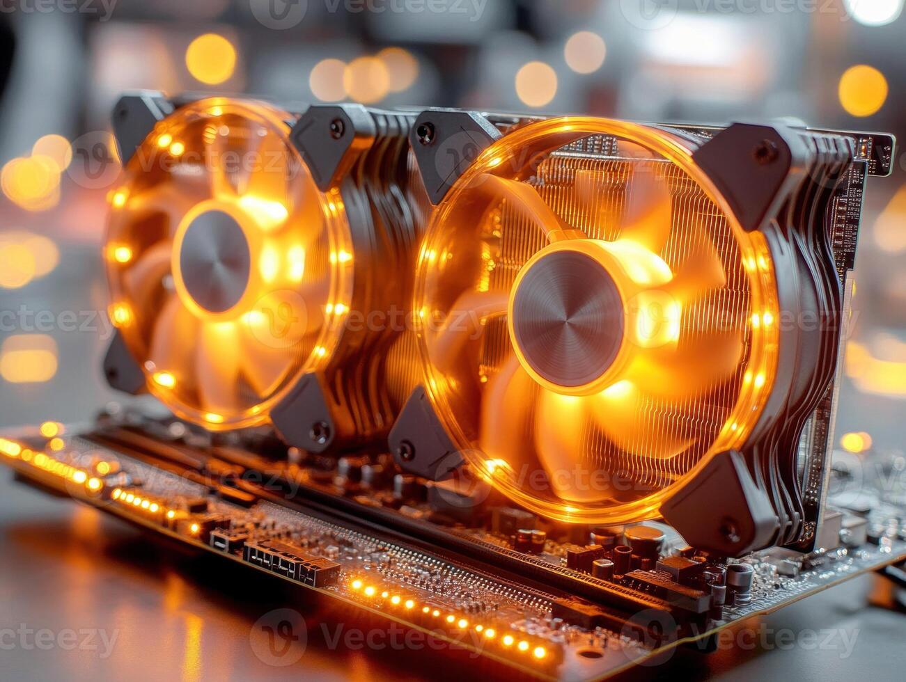 Cooling fans illuminate a motherboard in a tech setup photo
