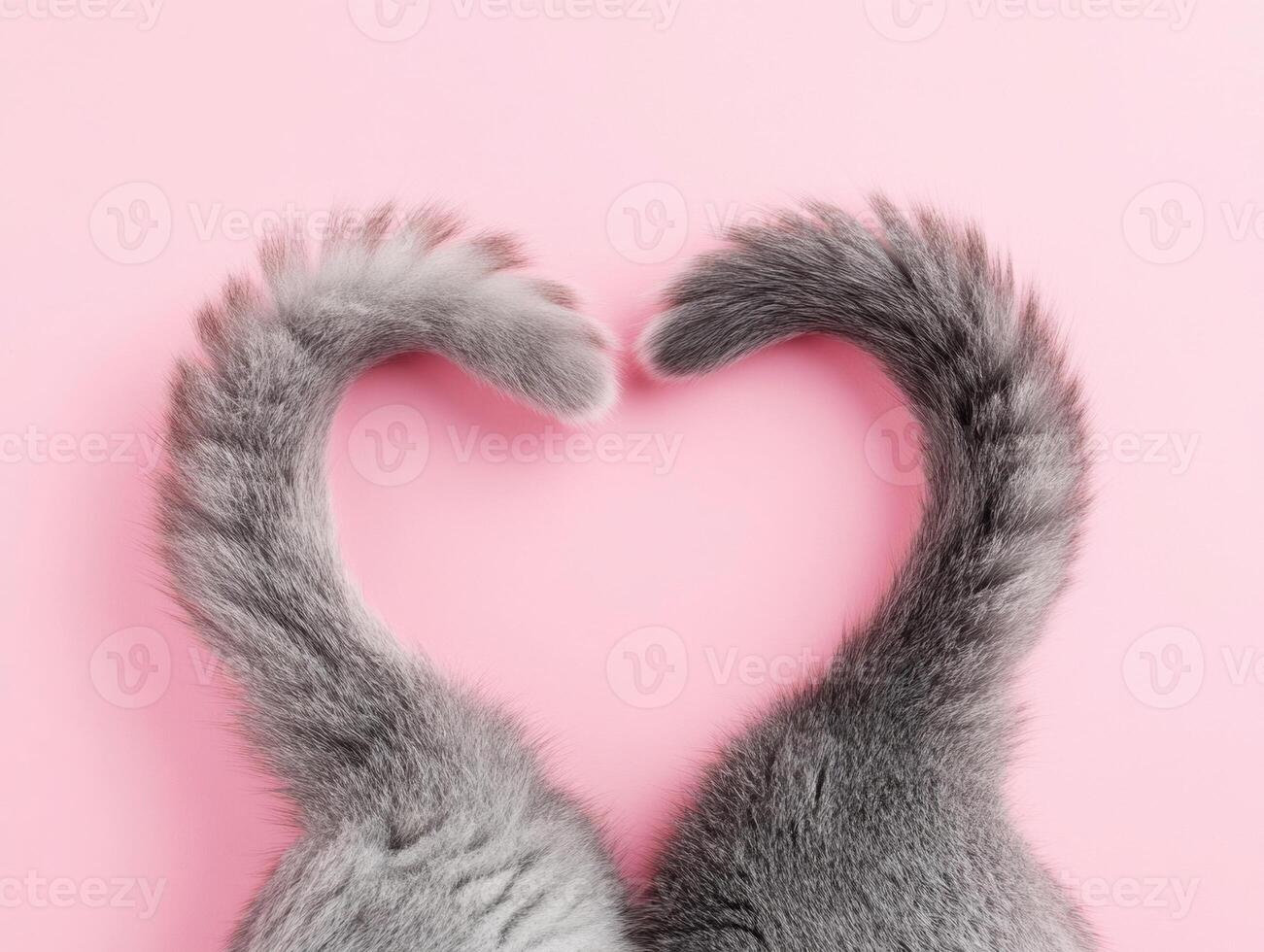 Cat tails form a heart shape top view on a pink background photo