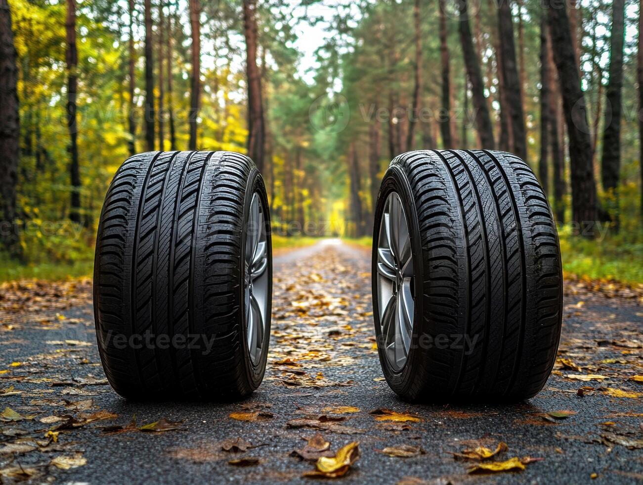 Two car tires placed on a forest road with autumn foliage photo