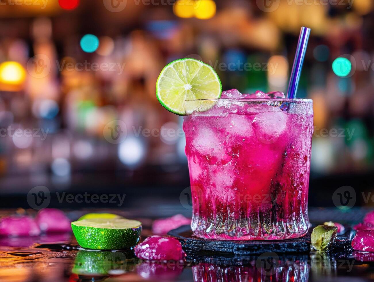 Refreshing cocktail with lime served on a bar counter photo