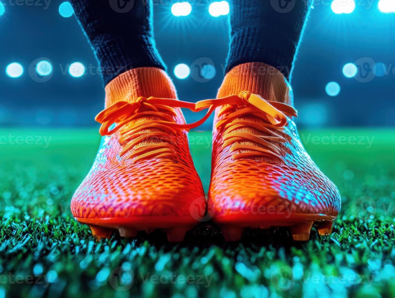 Bright orange cleats stand out on the grass field under stadium lights. The focus captures the excitement of a game, with players nearby ready for action photo