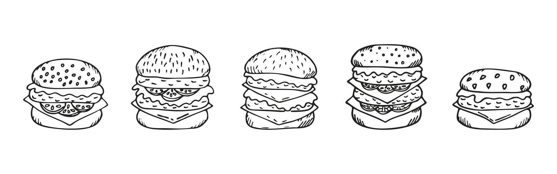 Hand Drawn Burger Set Isolated On White Background. Doodle Style Hamburger Collection. Fast Food Sketch for Menu, Restaurant, Posters, Banners, Flyer. Illustration Line Art Food Design. vector