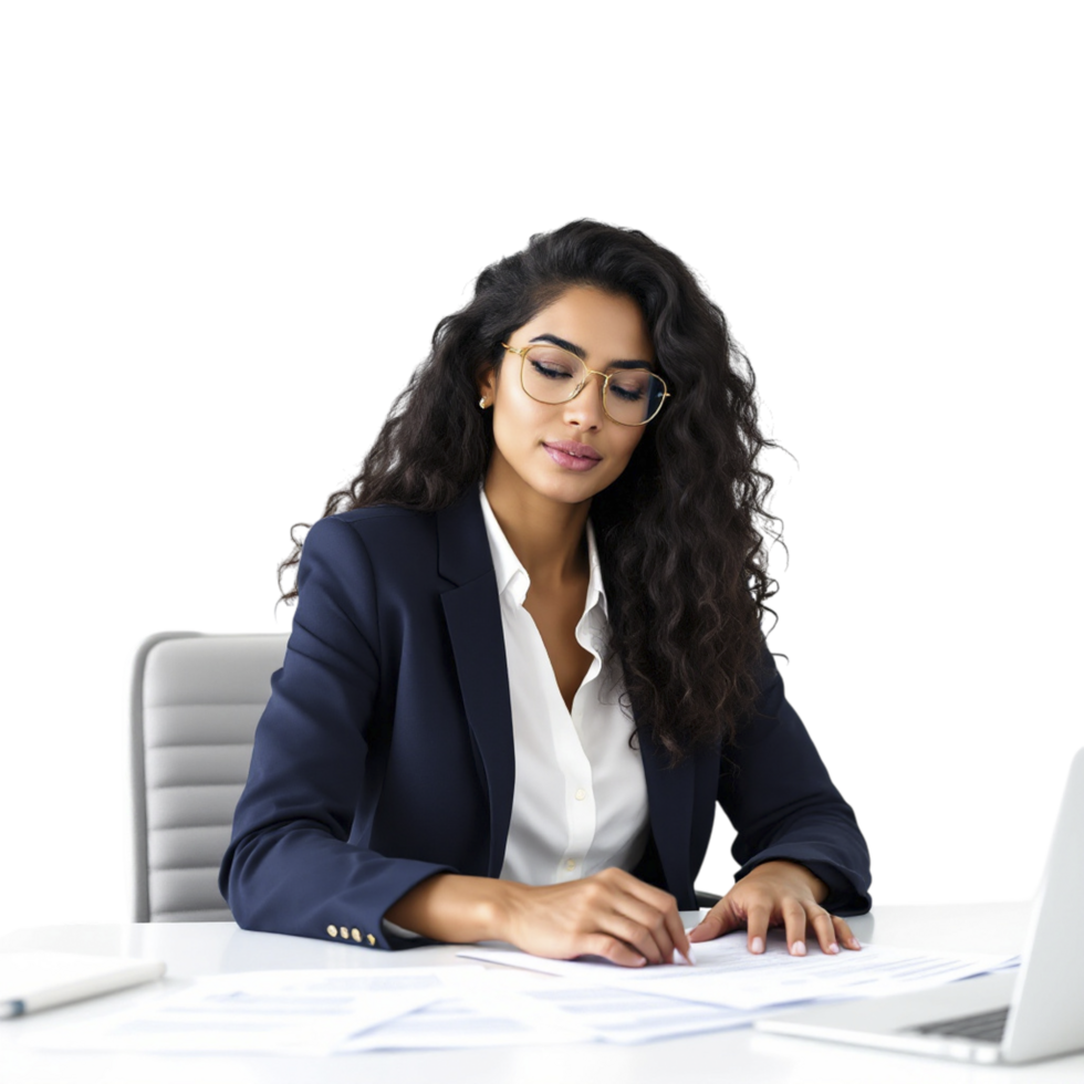 A woman in a business suit sitting at a desk with paperwork png