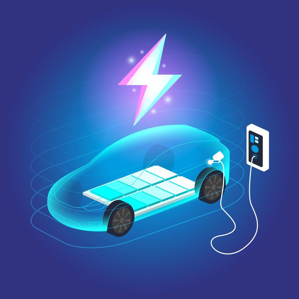 EV Electric car connected to home charging station vector