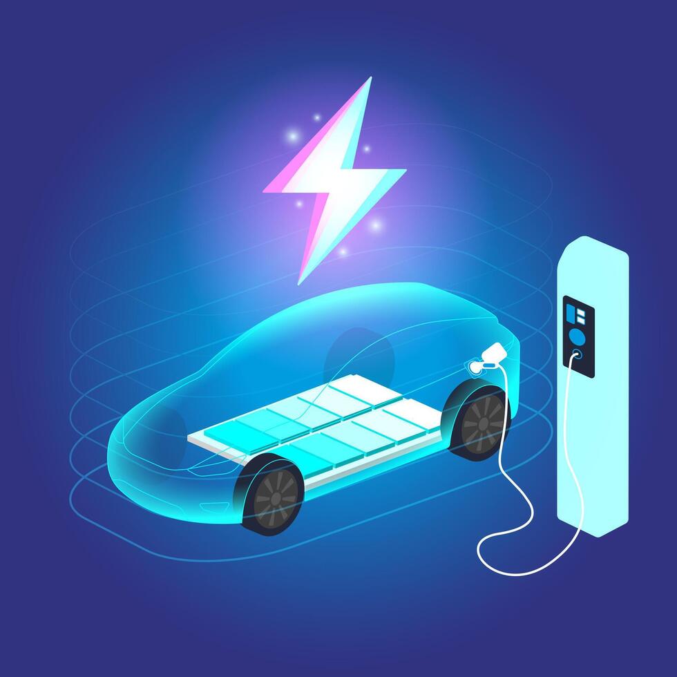 EV Electric car connect to charging station vector