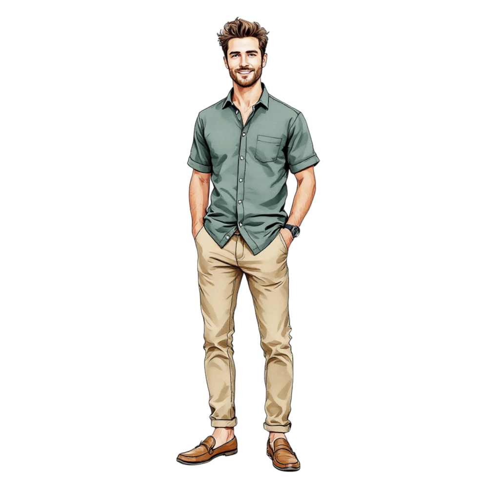 A man in a green shirt and tan pants png
