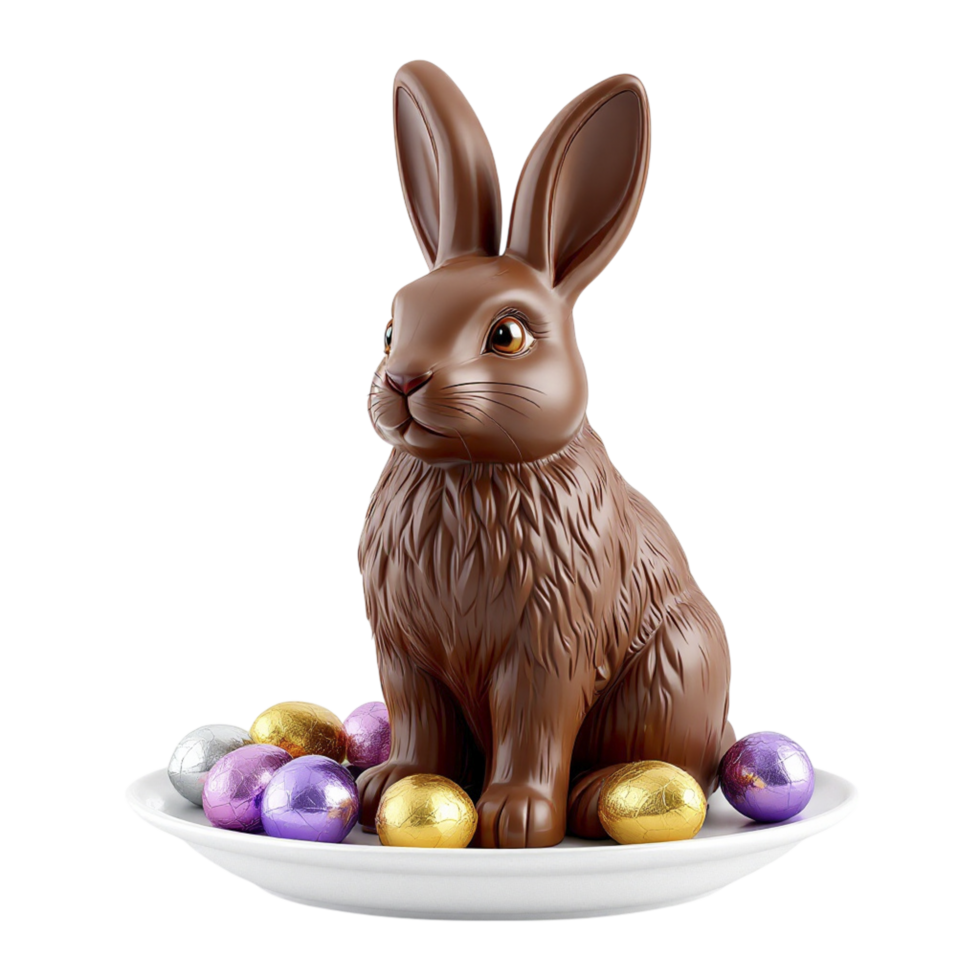 A chocolate rabbit is sitting on a plate with eggs png