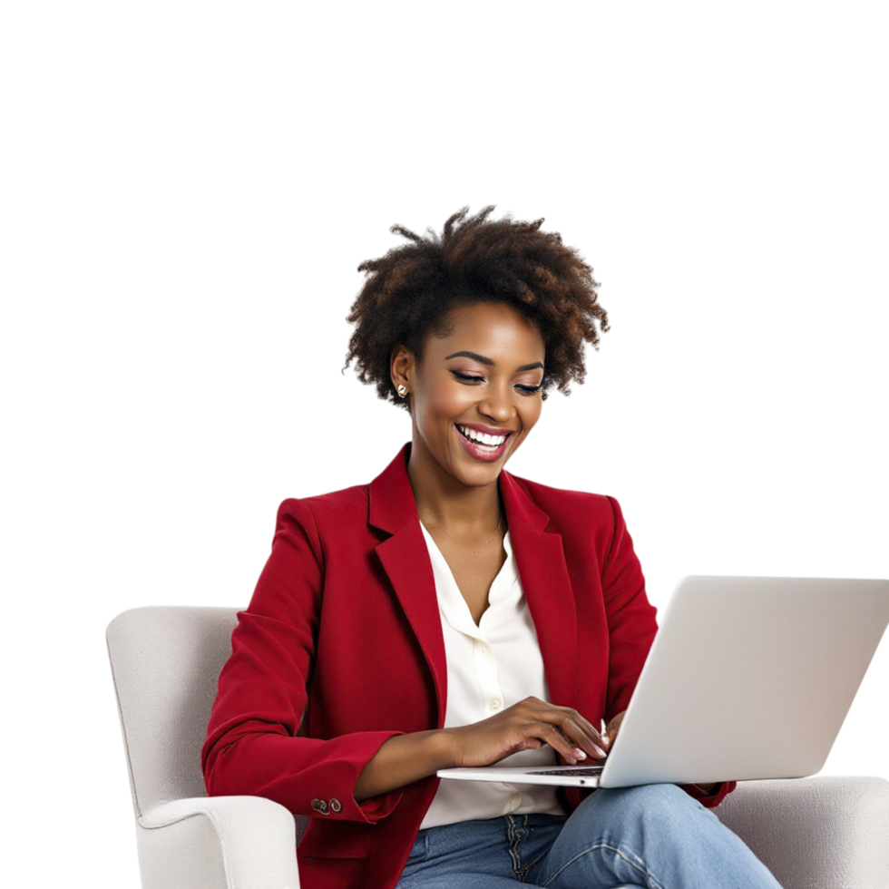 A woman in a red jacket sitting on a chair with a laptop png