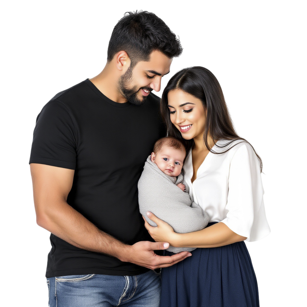 A man and woman holding a baby in a black shirt png