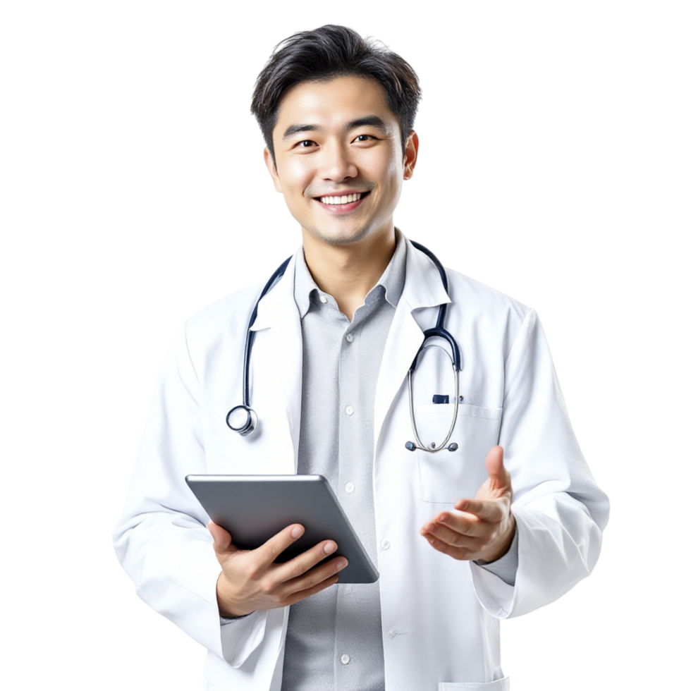 Asian doctor holding tablet computer and gesturing png