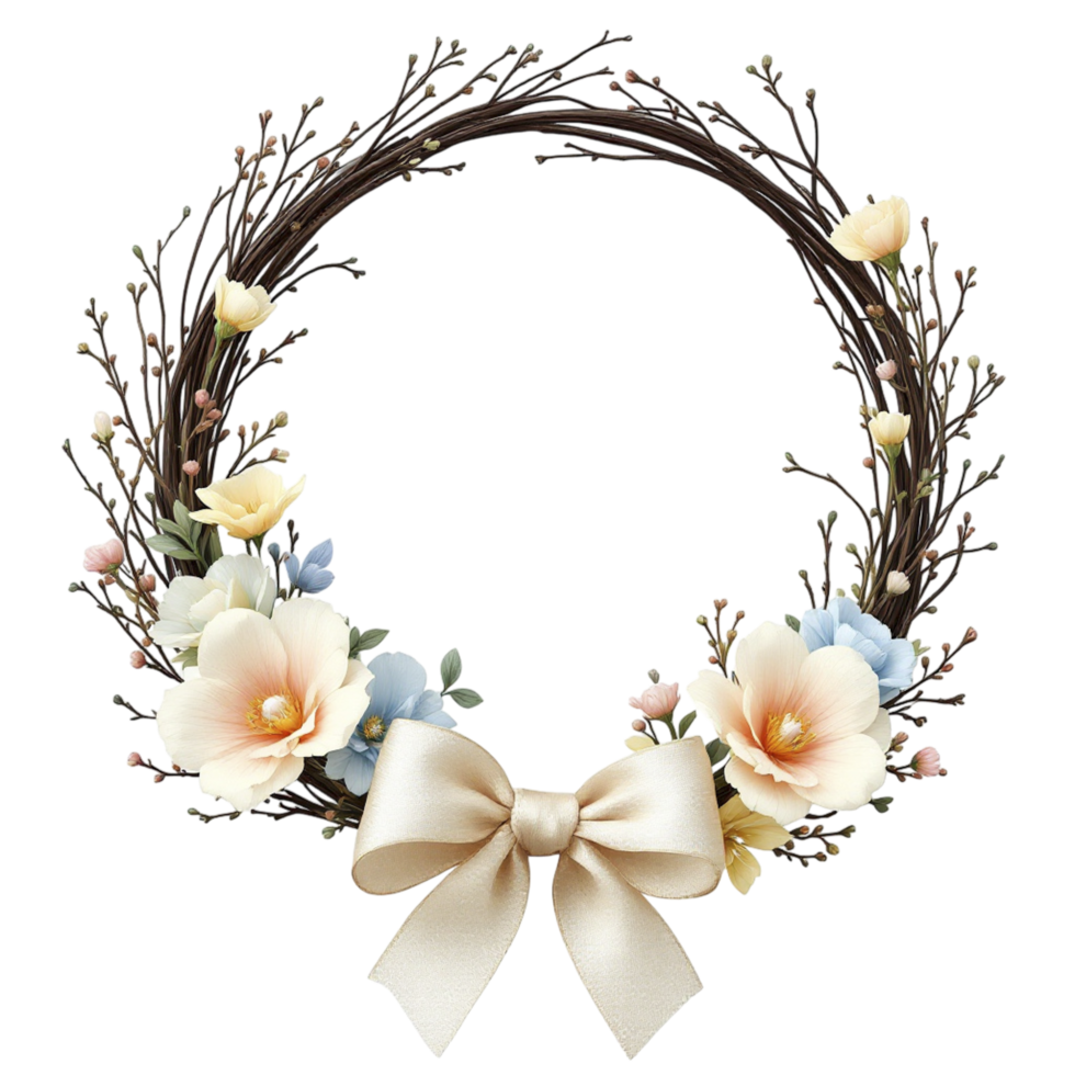 A wreath with flowers and a bow on it png