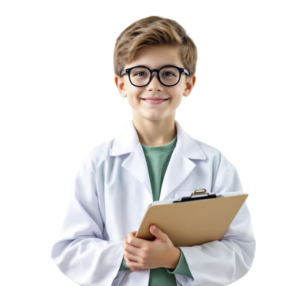 A boy in a lab coat holding a clipboard png