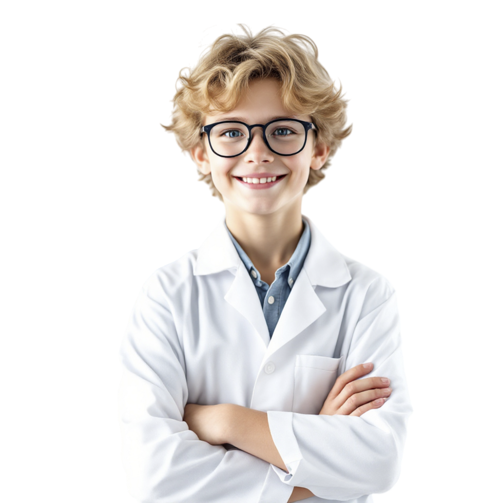 A boy in a lab coat and glasses png