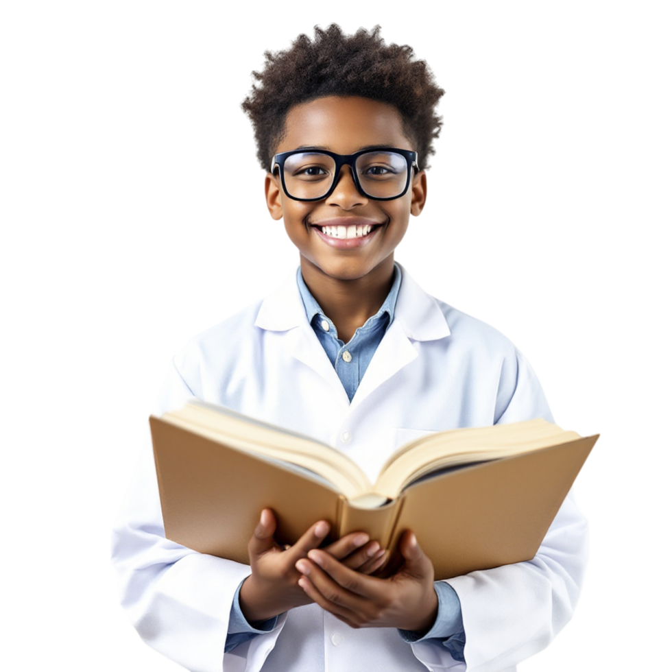 A young boy in a lab coat holding an open book png