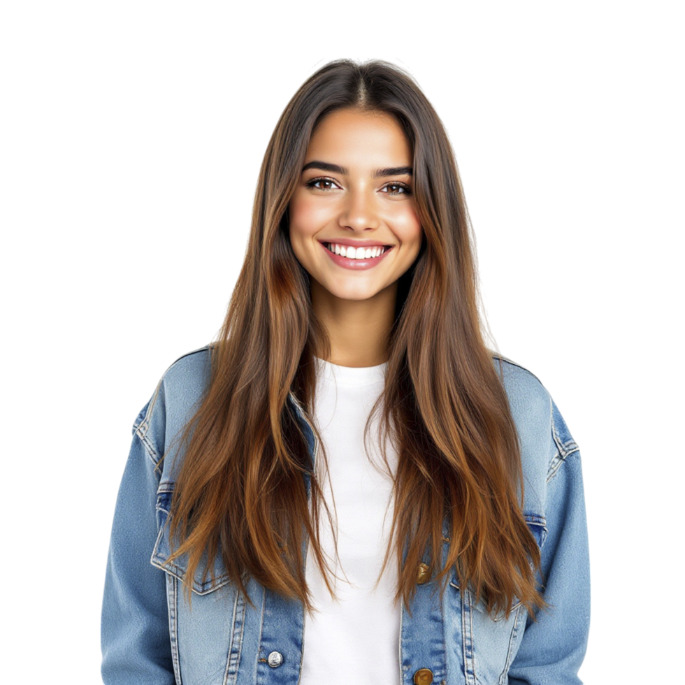 Smiling young woman in denim jacket png