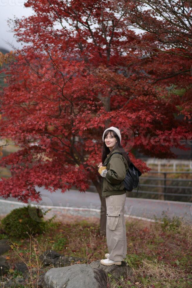 A woman standing on a rock near a tree photo