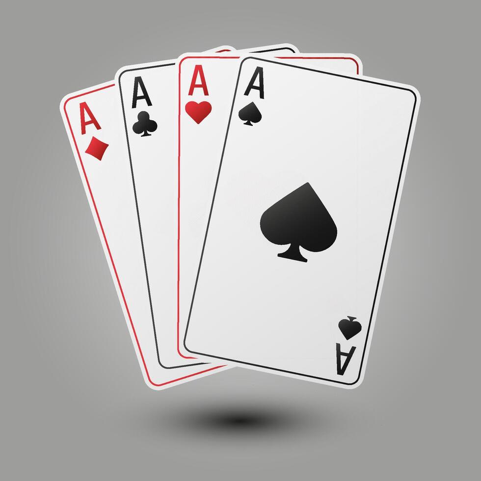 Classic ace cards fanned in hand - spades, diamonds, clubs, hearts. White poker card arrangement showing all suit variations. vector