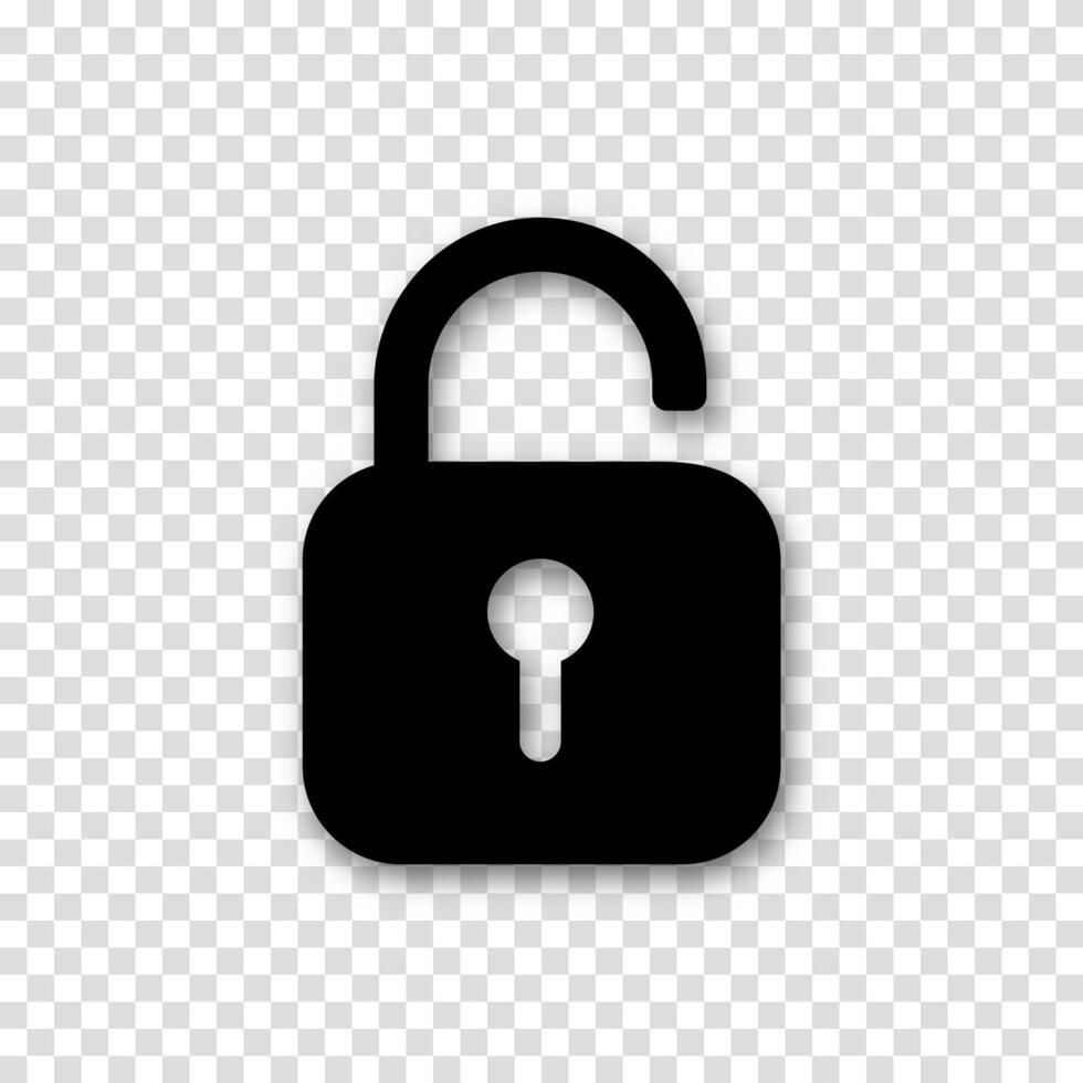 Open padlock icon in solid black. Minimalist unlocked symbol for security systems, access control and user interface designs. Clean silhouette vector