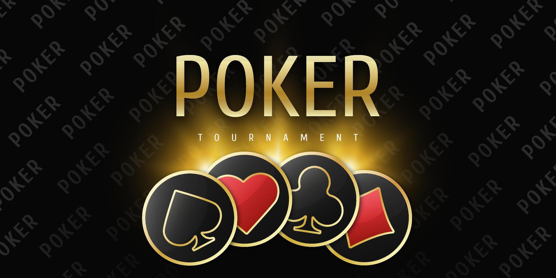 Professional poker tournament banner with premium token chips. Championship event design featuring dark background for high stakes competitions. vector