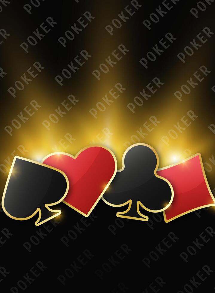 Professional poker tournament banner featuring premium casino chips on dark background. Championship event design with classic card suit emblems for high-stakes competitions. vector