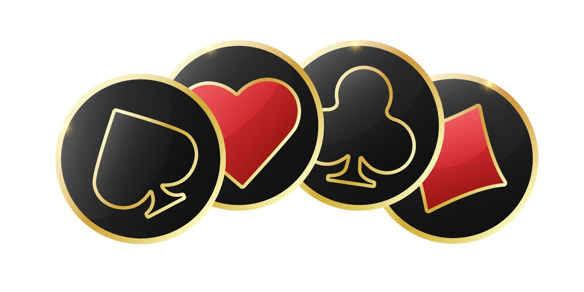Poker chip with suit for casino game. Red and black gambling token with diamond, club, heart, and spade symbol. Casino accessory on dark background. vector