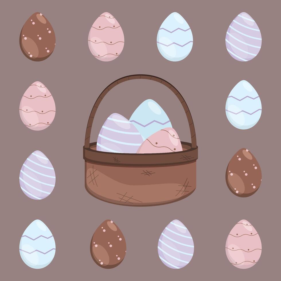 illustration of a set of Easter decorated eggs in a brown wicker basket. vector