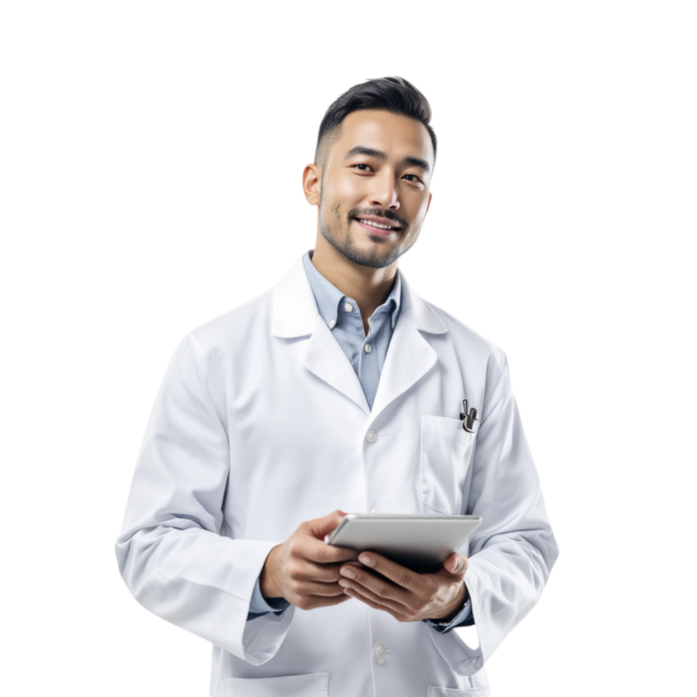 A male doctor in a white coat holding a tablet png