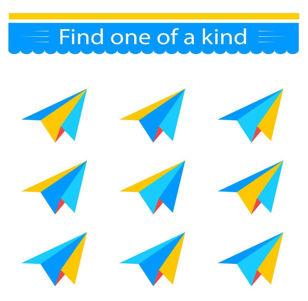 Educational game for kids. Need to find one of a kind paper airplane. Visual intelligence. vector