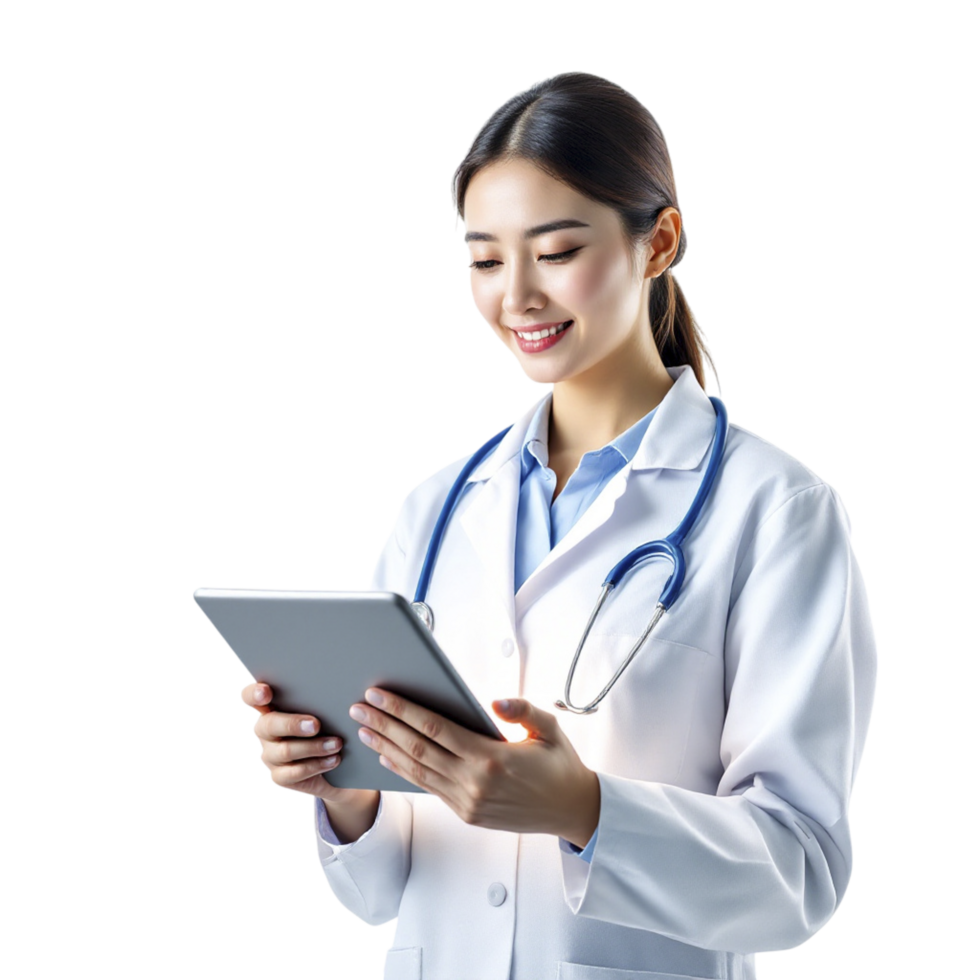 Asian female doctor using tablet computer png