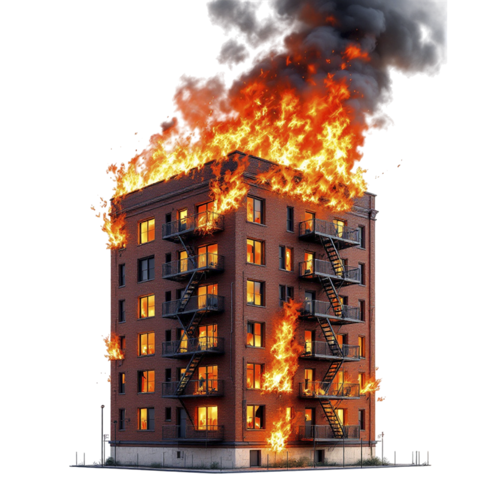 A burning apartment building with smoke coming out of it png