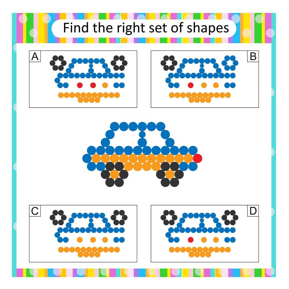 Logic puzzle for children. Find the correct set of cartoon car. Answer is D. vector