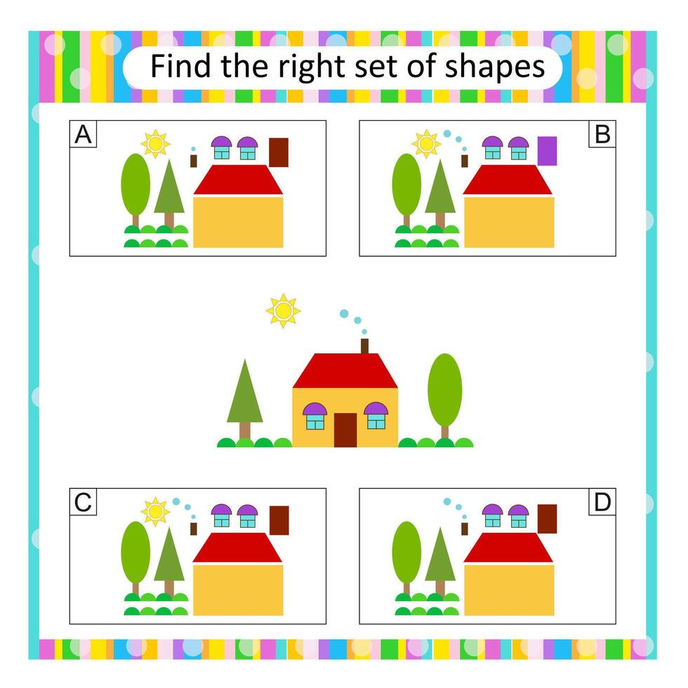 Puzzle for kids. Find the correct set of cartoon house. vector