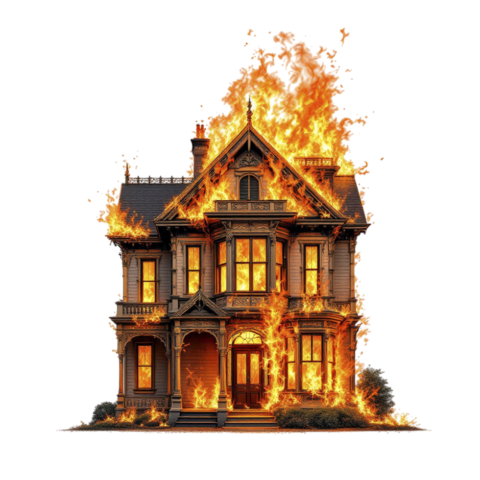 A burning house with flames coming out of it png