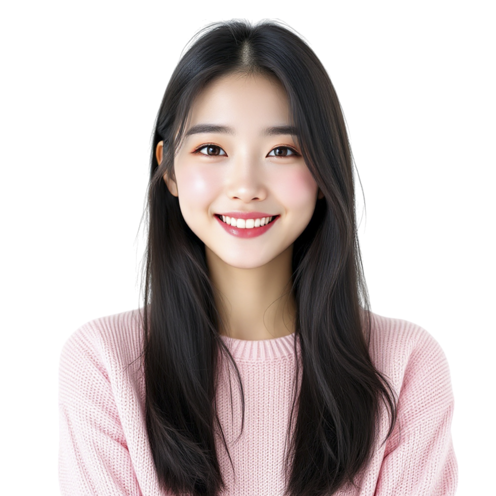 A woman with long black hair and pink sweater png
