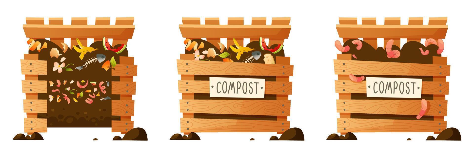 set on the theme of organic compost, eco gardening, agriculture. Compost wooden box, food waste, container. Process of recycling food waste, by stages, worms help in recycling. vector
