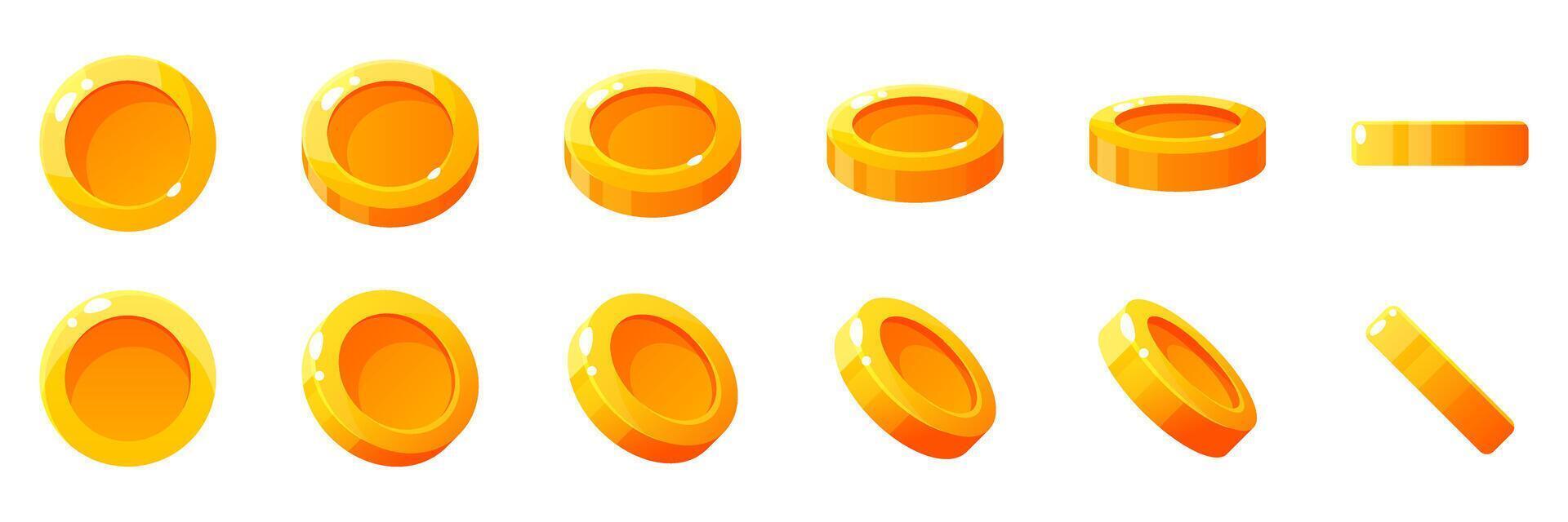 Gold coins in different positions. Set of rotating gold coins. Gold money, bank, money treasures, earnings, piggy bank, financial literacy. Elements of rotation of winnings in jackpot, poker. vector