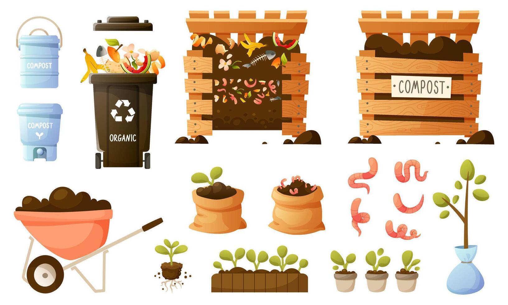 set on the topic of organic compost, eco gardening, composting, agriculture. Compost bin, bag with soil, food waste, worms, container, bucket for composting in the apartment. vector