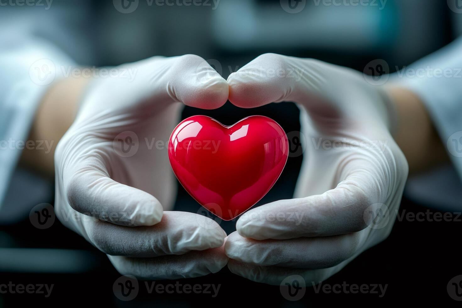 Doctor wearing surgical gloves holding red heart symbol of health and care photo