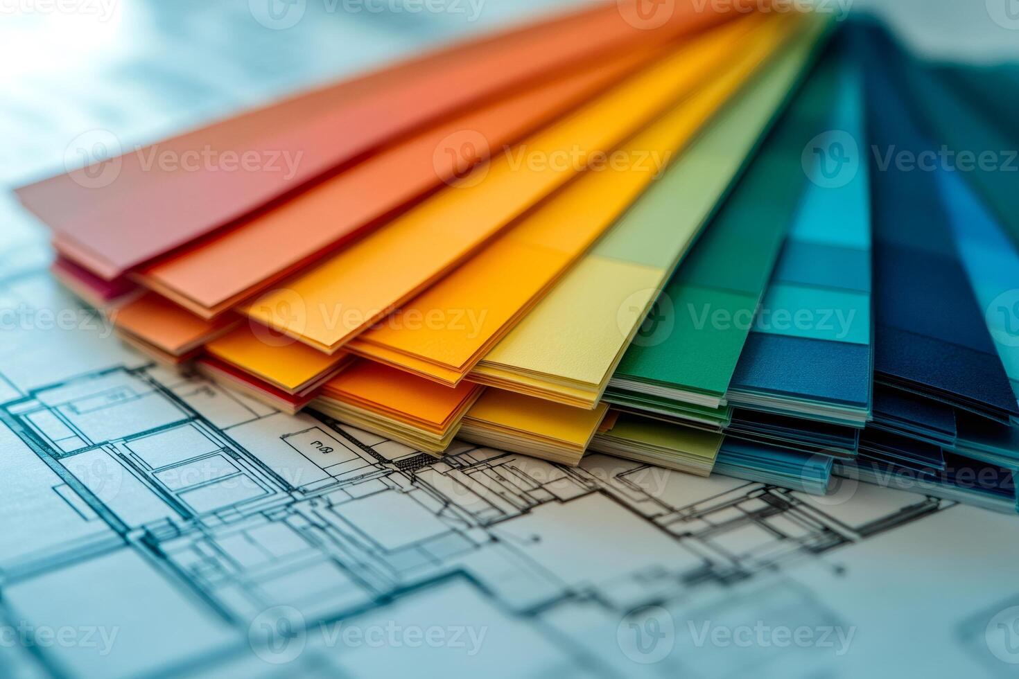 Color swatches palette resting on architectural blueprint for interior design project photo