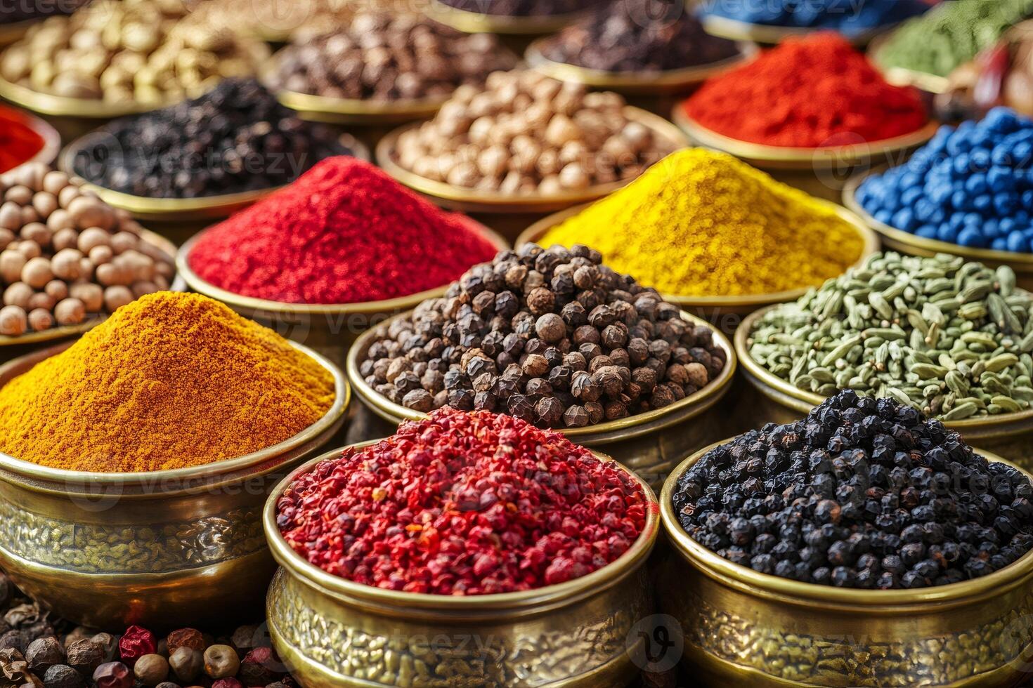 Colorful spices and herbs creating a vibrant marketplace display photo