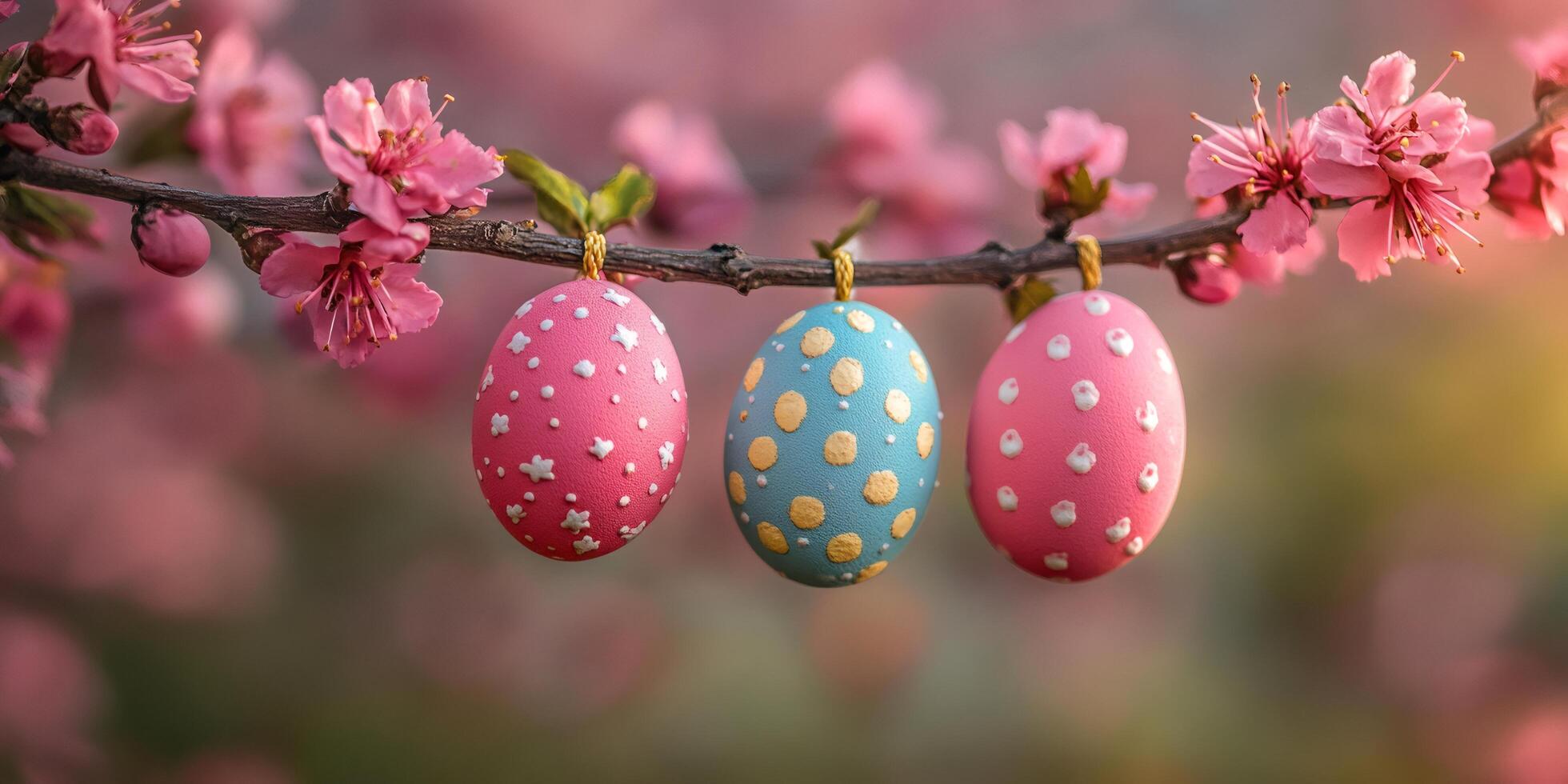 Easter eggs hanging on blooming peach tree branch. .. photo