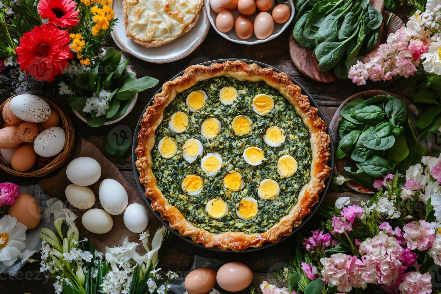 Spinach and egg quiche surrounded by fresh flowers and eggs for easter celebration photo