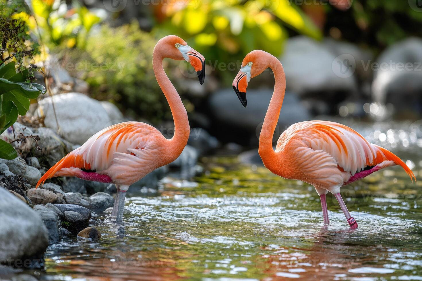 Two flamingos standing in water facing each other photo